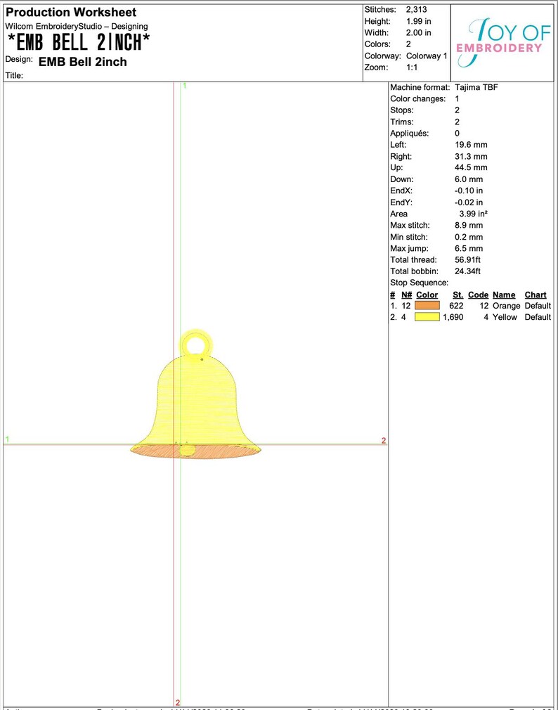 Puede incluir: Una hoja de trabajo de producci&oacute;n digital para un dise&ntilde;o de bordado de una campana amarilla con una base naranja. El documento incluye especificaciones t&eacute;cnicas como una altura de 5,05 cm, un ancho de 5,08 cm, 2313 puntadas y dos colores.