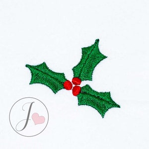 Mini bordado de azevinho de Natal com 3 folhas, padrão de bordado à máquina de azevinho, design de bordado de Natal, mini design de bordado