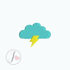 May include: A blue cloud with a yellow lightning bolt. This is a digital embroidery design.
