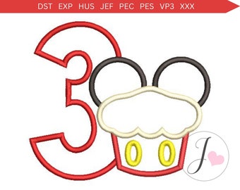 Applique con orecchie da topo a forma di cupcake per il terzo compleanno, Applique con Topolino, Applique con compleanno, Motivo per ricamo a macchina