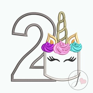 May include: A gray number 2 with a unicorn face design. The unicorn has a gold horn, gold and yellow ears, and colorful purple, pink, and teal accents. Black eyelashes and a white face complete the design.