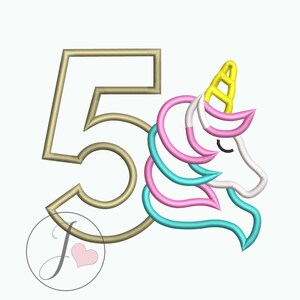 ユニコーンの5歳の誕生日のアップリケデザイン、ユニコーンの数字5の刺繍デザイン、機械刺繍パターン