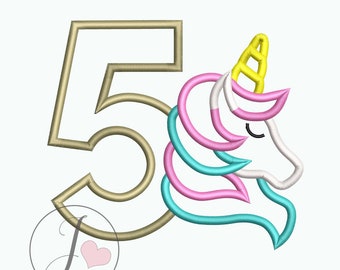 Unicorn Fifth Birthday Applique Design, Unicorn Number 5 embroidery design, Machine Embroidery Pattern