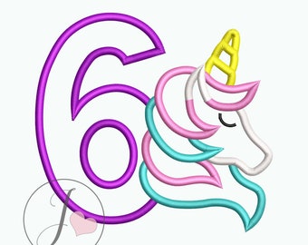 Unicorn Sixth Birthday Applique Design, Unicorn Number 6 embroidery design, Machine Embroidery Pattern