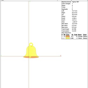 Puede incluir: Una hoja de trabajo de producci&oacute;n para un dise&ntilde;o de bordado titulado EMB BELL 1,5INCH. El documento muestra especificaciones t&eacute;cnicas que incluyen 1,516 puntadas, una altura y ancho de 1.50 pulgadas y un gr&aacute;fico de campana amarilla con base naranja.