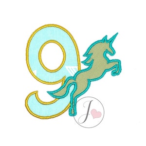 ユニコーンの誕生日アップリケデザイン、ユニコーンの数字9のアップリケデザイン、機械アップリケデザイン