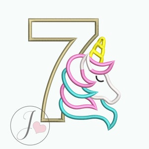 Unicorn Seventh Birthday Applique Design, Unicorn Number 7 embroidery design, Machine Embroidery Pattern