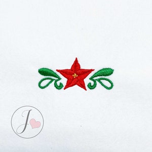 Può includere: Una stella rossa ricamata con un centro giallo, circondata da due foglie verdi con bordi arricciati.