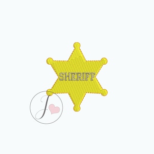 May include: Yellow five-pointed star with the word "SHERIFF" in the centre. The star has a textured appearance, as if it is made of fabric.