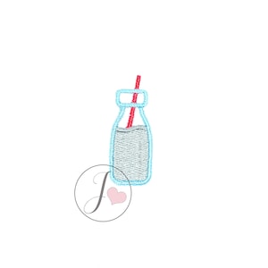 May include: A blue glass bottle with a red straw, filled with a light blue liquid. The bottle has a white cap.