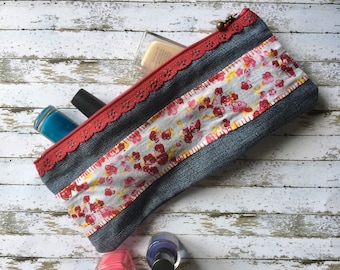 Porta-smalti porta-trucchi portapenne astuccio multiuso pochette da borsa en jeans e cotone stampato zip chiusura lampo decorativa merletto