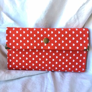 Cartera de mujer de algodón impreso, billetera grande, billetera roja con corazones blancos, bolso, embrague, bolso