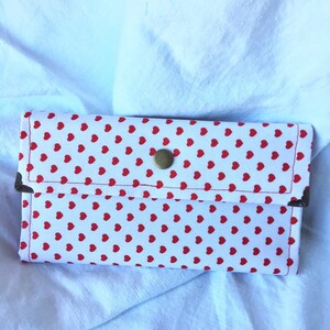 Cartera de mujer de algodón impreso, billetera grande, billetera blanca con corazones rojos, bolso, embrague, bolso
