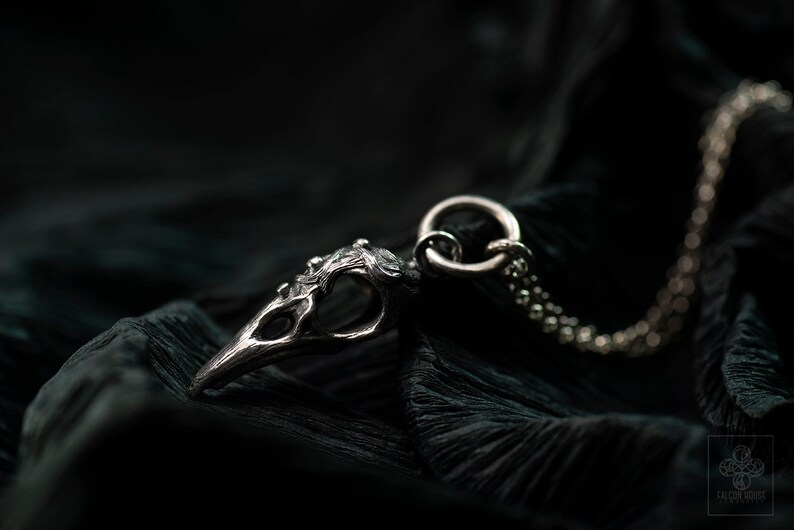 Sterling silver raven skull || Viking pagan charm || Gothic skull necklace || Jewelry gift for witchy girlfriend image 1