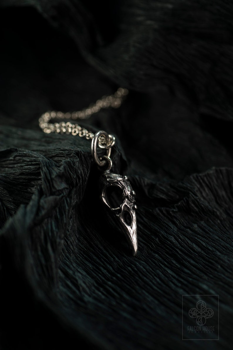 Sterling silver raven skull || Viking pagan charm || Gothic skull necklace || Jewelry gift for witchy girlfriend image 9