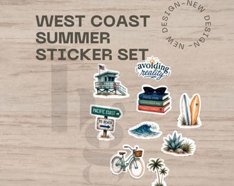 West Coast Summer Sticker Pack | California Beach Aesthetic | Coastal Bookish Sticker Set | Pinprick Holographic Waterproof Stickers