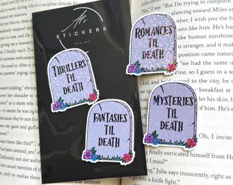 Tombstone Genres Sticker Pack (set of 4)- Romance, Thriller, Mystery, Fantasy Holographic Waterproof Sticker Halloween Bookish Gift