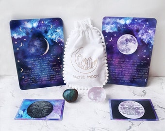 Full Moon & New Moon Affirmation Card Crystal Set - Selenite Crystal - Labradorite Crystal - Crystal Gift