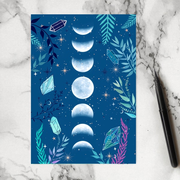 Moon Phase Notebook - Moon Notebook - crystal Notepad - Galaxy Stationery - Jotter - Notepad - plants art - celestial art