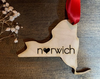 Norwich NY Wood Ornament w/ Heart Cutout