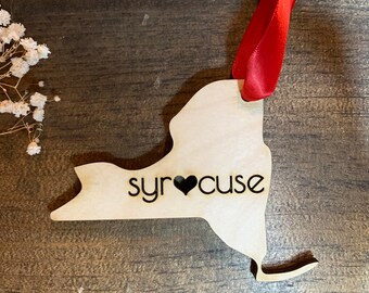 Syracuse NY Wood Ornament w/ Heart Cutout