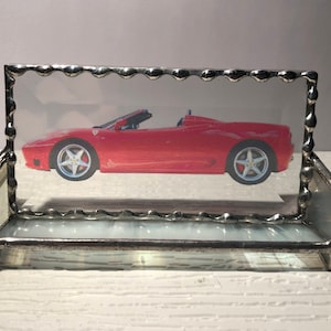 Business Card Holder - Horizontal - Red Ferrari Convertible in Clear Beveled Glass - Copper Color - Beautiful - Unique