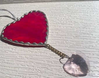 Red Iridescent Stained Glass Heart Sun catcher - w/ a 1 inch Pink Crystal Swarovski heart Heart - Colorful & Beautiful !