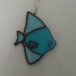 Whimsical Light Blue and Clear Blue Stained Glass Fish Sun Catcher - Reversible