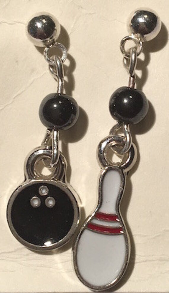 Cute Bowling Ball & Pin Stud Earrings with a black glass bead Etsy