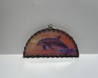 Dolphin at Sunset Light Pastel Colors Stained Glass Sun Catcher - Beveled Half Circle