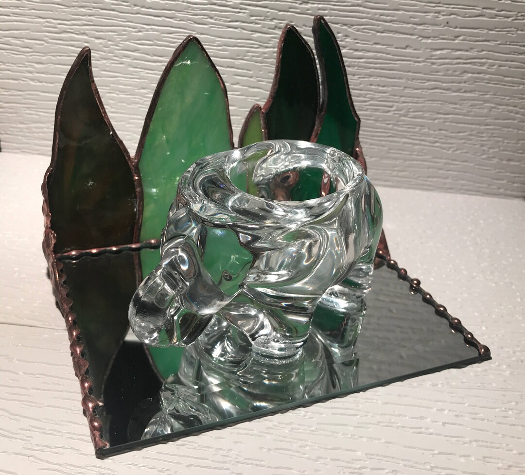 Large Glass Elephant Candle Holder Green Stained Glass Background