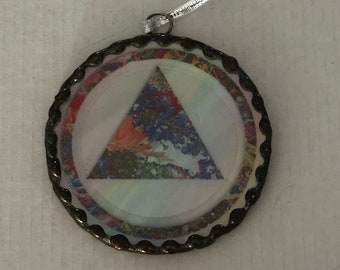 AA Recovery Sun Catcher - AA Recovery Circle (various colors) Triangle set in between wispy white stained glass & beveled glass