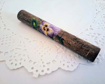 Vintage wooden needle case painted with purple pansy.