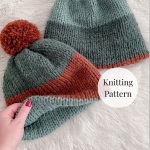 May include: Two knitted hats with pom poms. One hat is green and brown with a brown pom pom. The other hat is green and orange with an orange pom pom. The text "Knitting Pattern" is visible in the image.