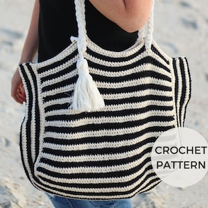 CROCHET PATTERN | Sandpiper Tote | PDF Pattern | Instant Download | Beginner | Striped Bag | Crochet Tote | Macramé Straps | Reversible Bag