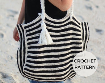 CROCHET PATTERN | Sandpiper Tote | PDF Pattern | Instant Download | Beginner | Striped Bag | Crochet Tote | Macramé Straps | Reversible Bag