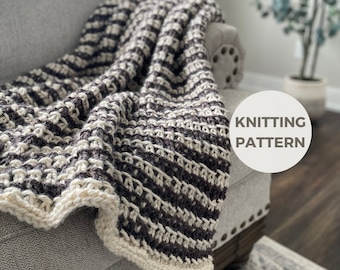 May include: A striped knitted throw blanket in shades of brown and white, draped over a grey sofa. The blanket has a crocheted border. The text "KNITTING PATTERN" is visible in a white circle.
