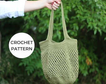 May include: A green crochet tote bag with a crocheted handle. The bag is made with a stitch that creates a textured, open weave. The text "CROCHET PATTERN" is visible in a white circle.