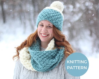 KNITTING PATTERN | Ski Lodge Set | PDF Pattern | Instant Download | Beginner | Hat & Scarf Set | Easy Knit hat and Scarf | Color Block Set