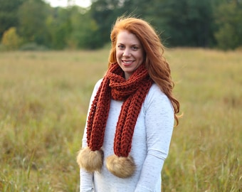 Chunky Knit Scarf with Faux Fur Poms | Hand Knit Wool Blend