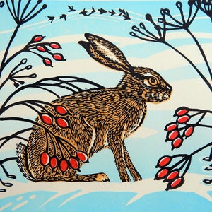 Winter Hare -  Lino Print  , limited edition print of a hare in Winter