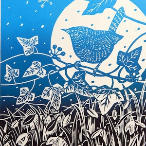 Winter Wren - Graduated version -limited edition  Lino Print of a wren