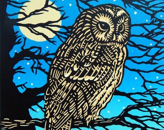 The Nightwatchman -  Limited Edition of a Lino Print of a Tawny Owl