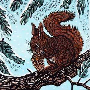 Winter Squirrel   a limited edition lino print