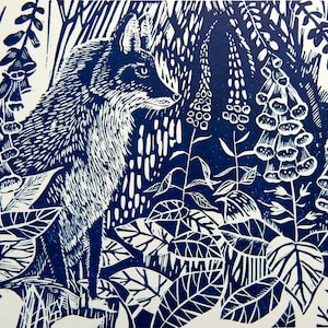 Indigo Foxglove Linocut Print – Handmade Limited Edition