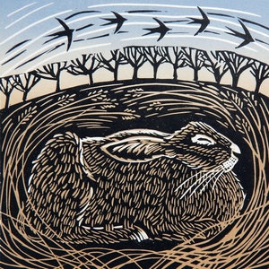 Hunkered Down - Day Time - Limited Edition of a Lino Print of a Hare