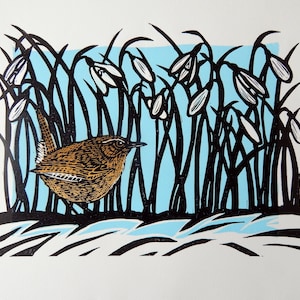 Wren and Snowdrops  -  Lino Print