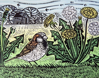 Sparrow and Dandelions -    Lino Print