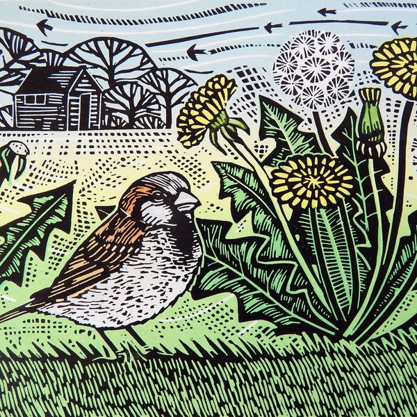 Sparrow and Dandelions -    Lino Print