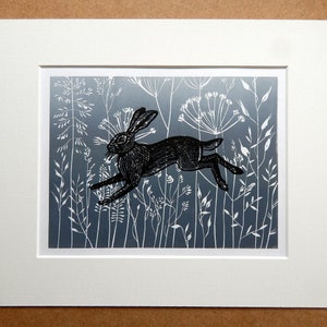 Seed heads and Hare Lino Print Grey Background